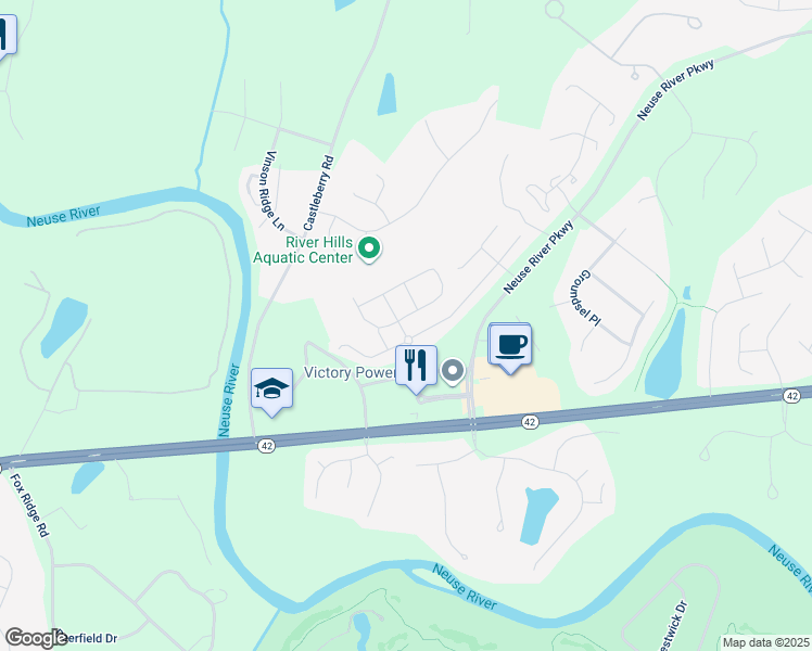 map of restaurants, bars, coffee shops, grocery stores, and more near 116 Wethergate Drive in Clayton