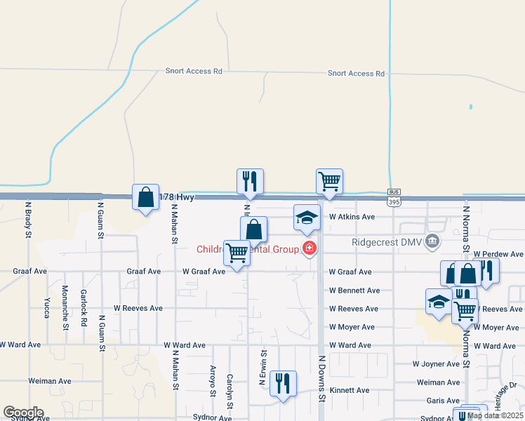 map of restaurants, bars, coffee shops, grocery stores, and more near 1020 West Atkins Avenue in Ridgecrest