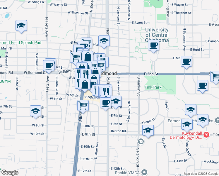map of restaurants, bars, coffee shops, grocery stores, and more near 201 East 4th Street in Edmond