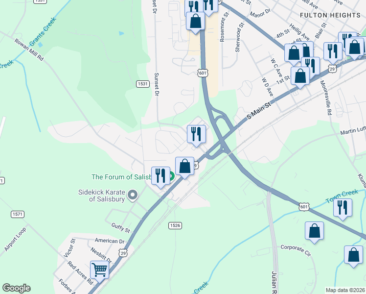 map of restaurants, bars, coffee shops, grocery stores, and more near 2304 South Main Street in Salisbury