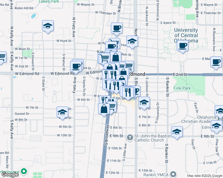 map of restaurants, bars, coffee shops, grocery stores, and more near 1 East 4th Street in Edmond