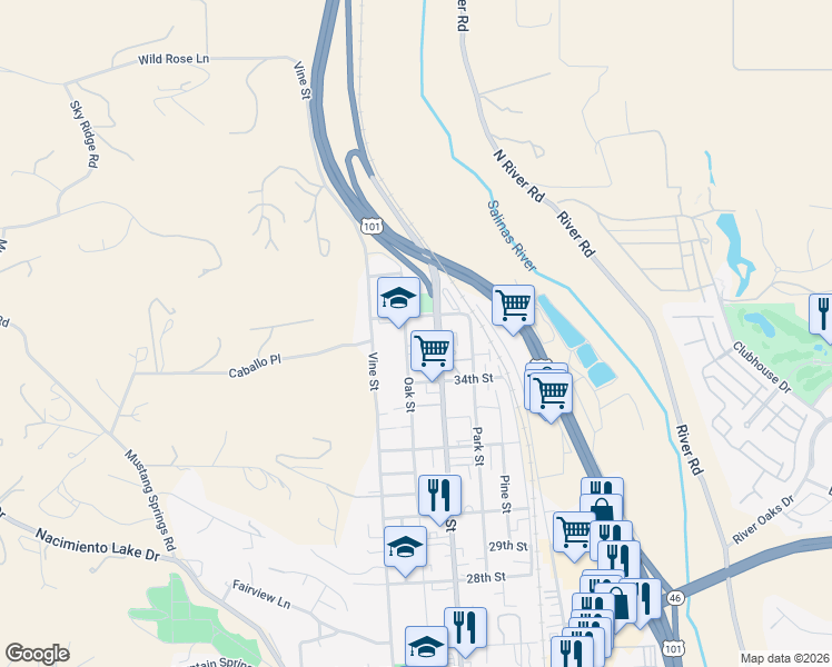 map of restaurants, bars, coffee shops, grocery stores, and more near 3424 Oak Street in Paso Robles