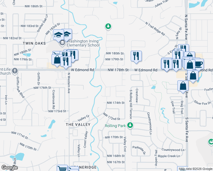 map of restaurants, bars, coffee shops, grocery stores, and more near 17613 Hampton Park Drive in Edmond