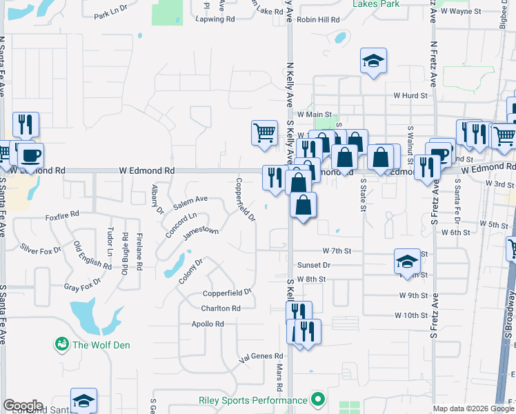 map of restaurants, bars, coffee shops, grocery stores, and more near 421 Copperfield Drive in Edmond