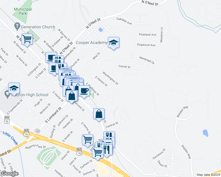 map of restaurants, bars, coffee shops, grocery stores, and more near 405 Wall Street in Clayton