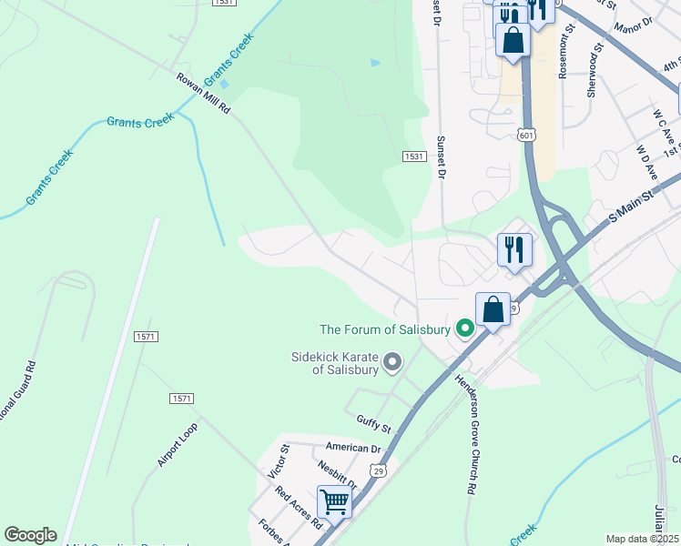 map of restaurants, bars, coffee shops, grocery stores, and more near 615 Rowan Mill Road in Salisbury