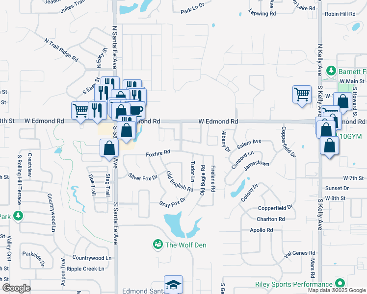 map of restaurants, bars, coffee shops, grocery stores, and more near 1720 Foxfire Road in Edmond