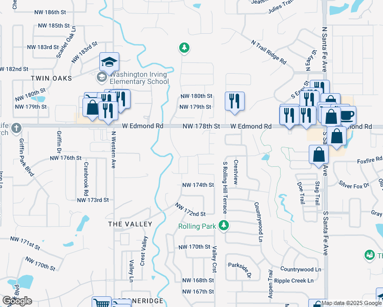 map of restaurants, bars, coffee shops, grocery stores, and more near 17613 Hampton Park Drive in Edmond