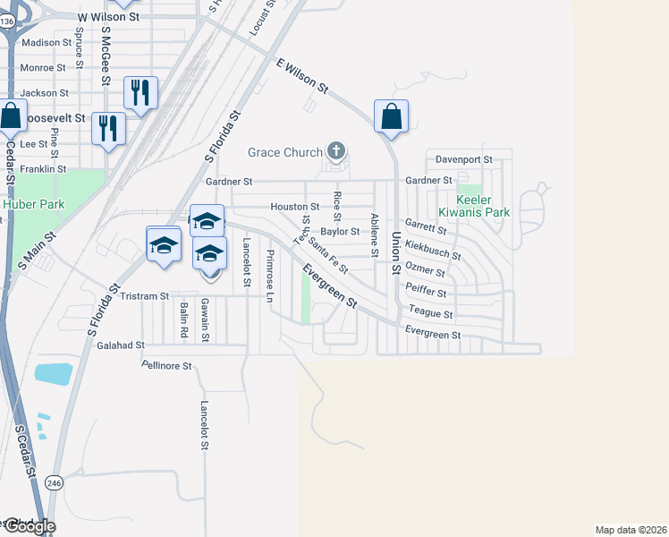 map of restaurants, bars, coffee shops, grocery stores, and more near 657 Evergreen Street in Borger