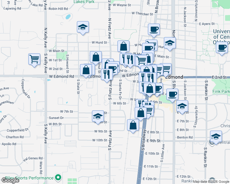 map of restaurants, bars, coffee shops, grocery stores, and more near 216 West 5th Street in Edmond