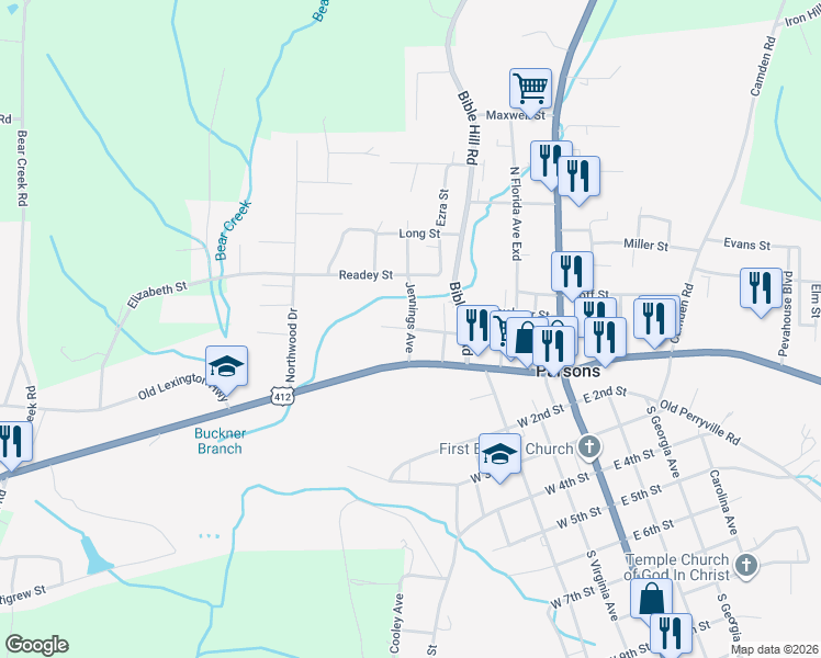 map of restaurants, bars, coffee shops, grocery stores, and more near 201 Jennings Avenue in Parsons