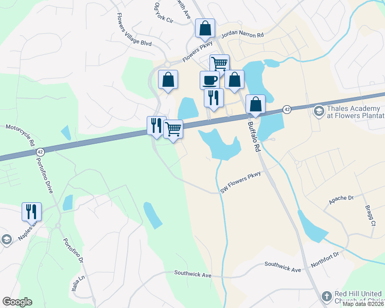 map of restaurants, bars, coffee shops, grocery stores, and more near 4348 North Carolina 42 in Clayton