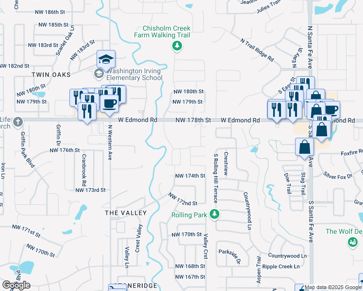 map of restaurants, bars, coffee shops, grocery stores, and more near 605 Northwest 176th Street in Edmond