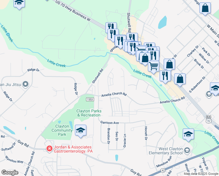 map of restaurants, bars, coffee shops, grocery stores, and more near 64 Tuscarora Lane in Clayton