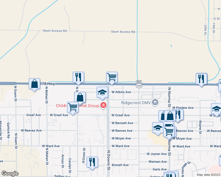 map of restaurants, bars, coffee shops, grocery stores, and more near 1628 North Downs Street in Ridgecrest