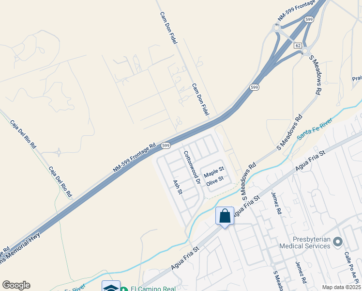 map of restaurants, bars, coffee shops, grocery stores, and more near Cottonwood Dr in Santa Fe