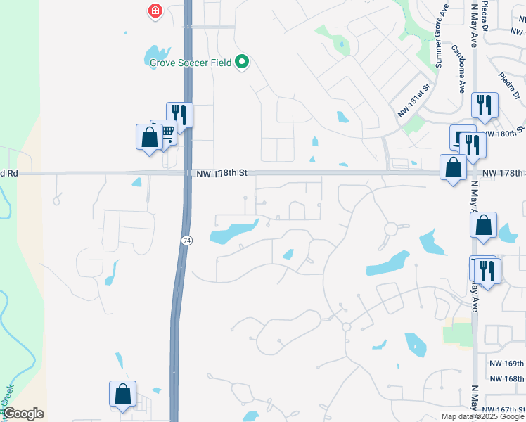 map of restaurants, bars, coffee shops, grocery stores, and more near 3509 Northwest 176th Street in Edmond
