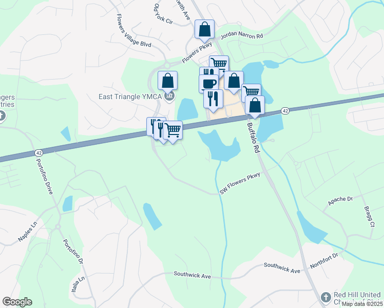 map of restaurants, bars, coffee shops, grocery stores, and more near 4348 North Carolina 42 in Clayton