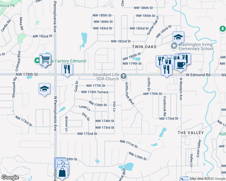 map of restaurants, bars, coffee shops, grocery stores, and more near 1701 Northwest 176th Terrace in Edmond
