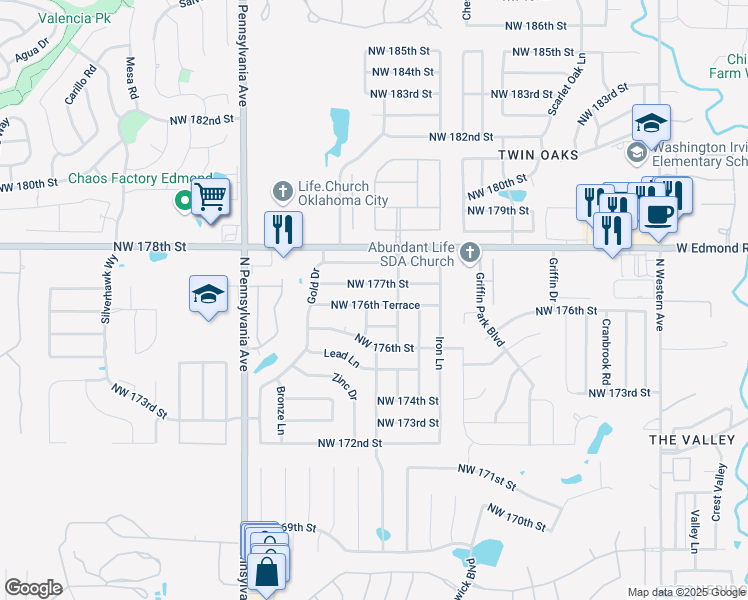 map of restaurants, bars, coffee shops, grocery stores, and more near 1817 Northwest 176th Terrace in Edmond