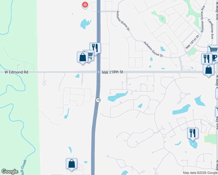 map of restaurants, bars, coffee shops, grocery stores, and more near 17600 Northwest 176th Street in Edmond