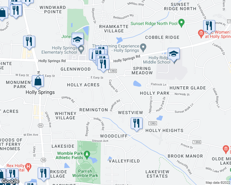 map of restaurants, bars, coffee shops, grocery stores, and more near 612 Caprano Drive in Holly Springs