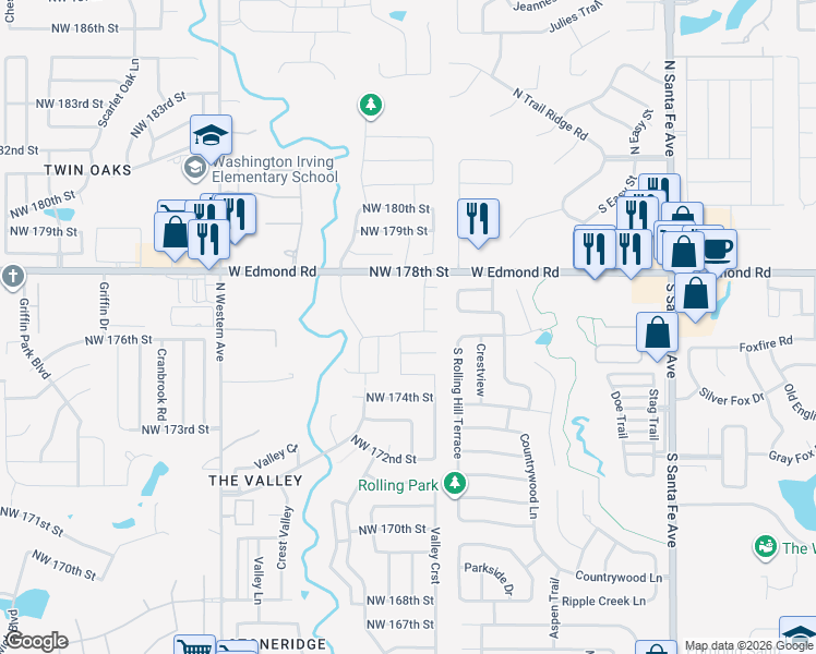 map of restaurants, bars, coffee shops, grocery stores, and more near 500 Northwest 178th Street in Edmond