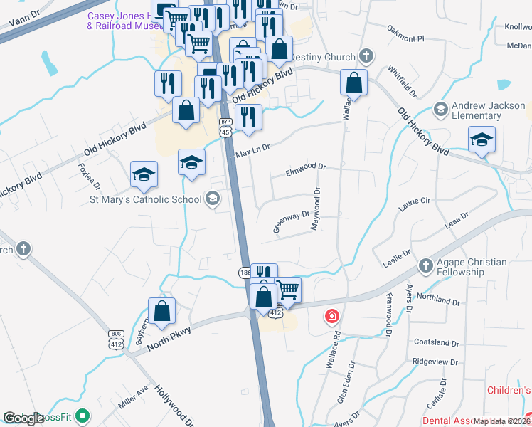 map of restaurants, bars, coffee shops, grocery stores, and more near 95 Villagewood Drive in Jackson