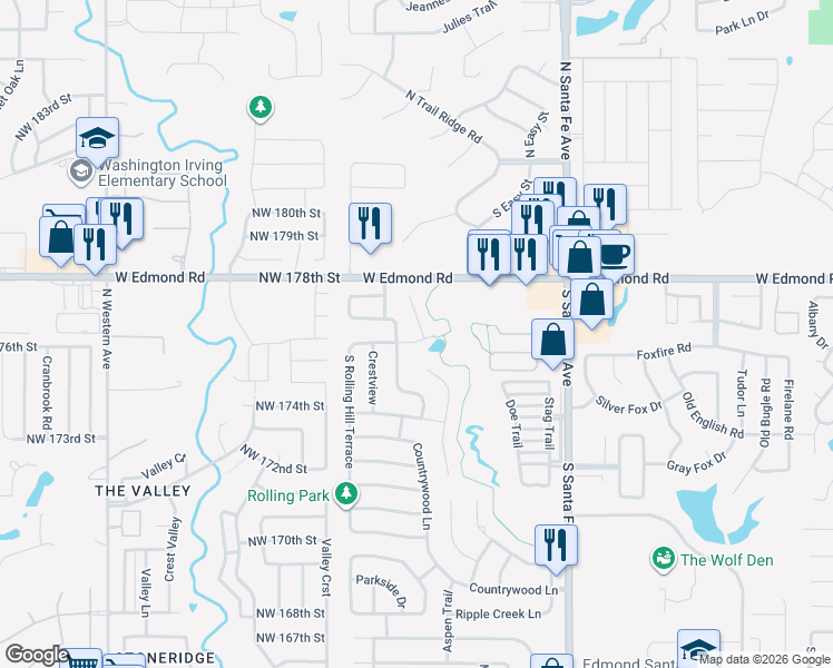 map of restaurants, bars, coffee shops, grocery stores, and more near 600 Lakeside Circle in Edmond