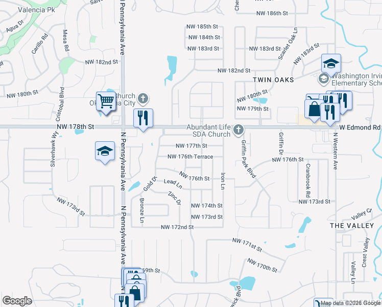 map of restaurants, bars, coffee shops, grocery stores, and more near 1805 Northwest 176th Place in Edmond