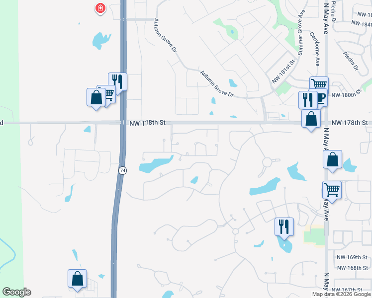 map of restaurants, bars, coffee shops, grocery stores, and more near 3440 Northwest 176th Street in Edmond