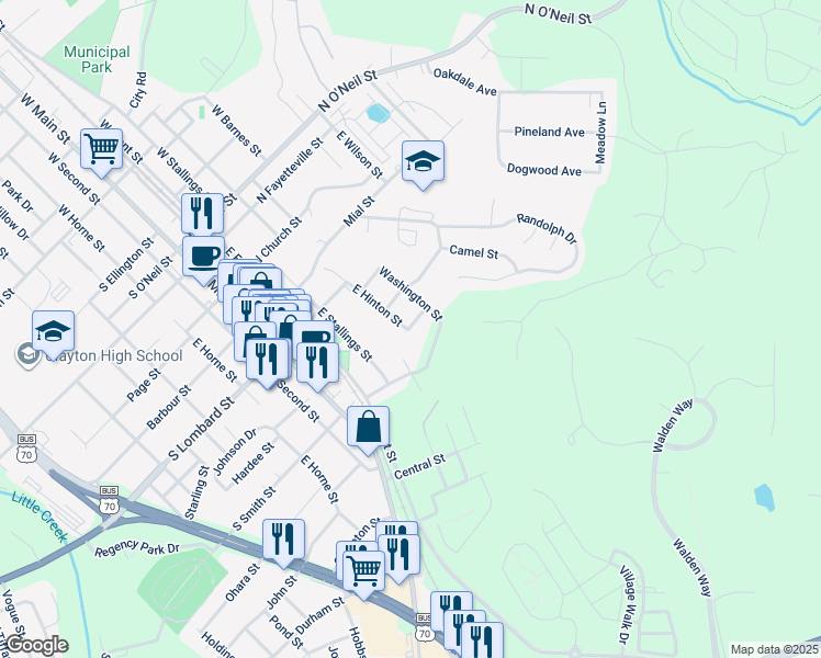 map of restaurants, bars, coffee shops, grocery stores, and more near 405 Wall Street in Clayton