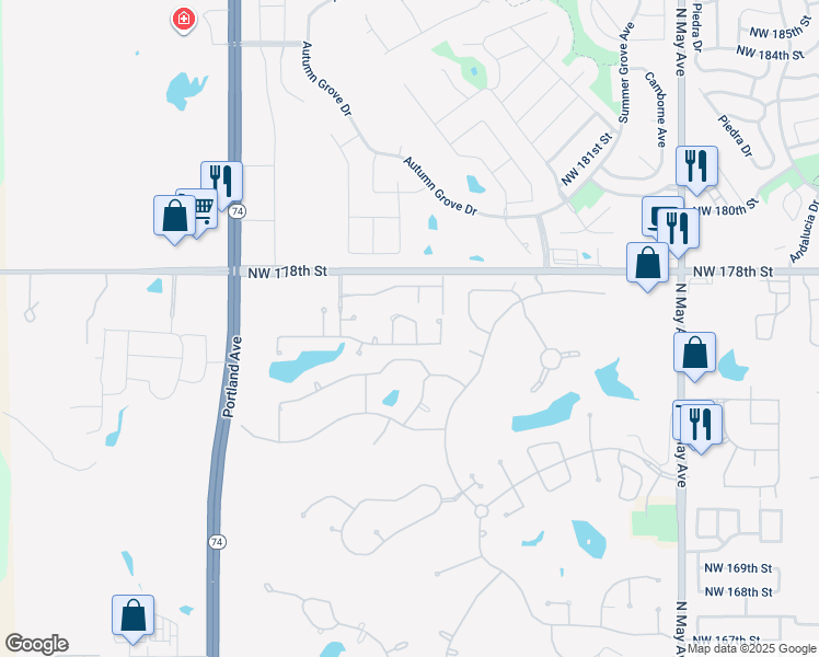 map of restaurants, bars, coffee shops, grocery stores, and more near 17717 Rich Earth Lane in Edmond