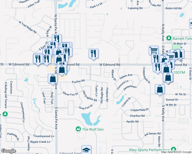 map of restaurants, bars, coffee shops, grocery stores, and more near 1800 Dodge Trail in Edmond