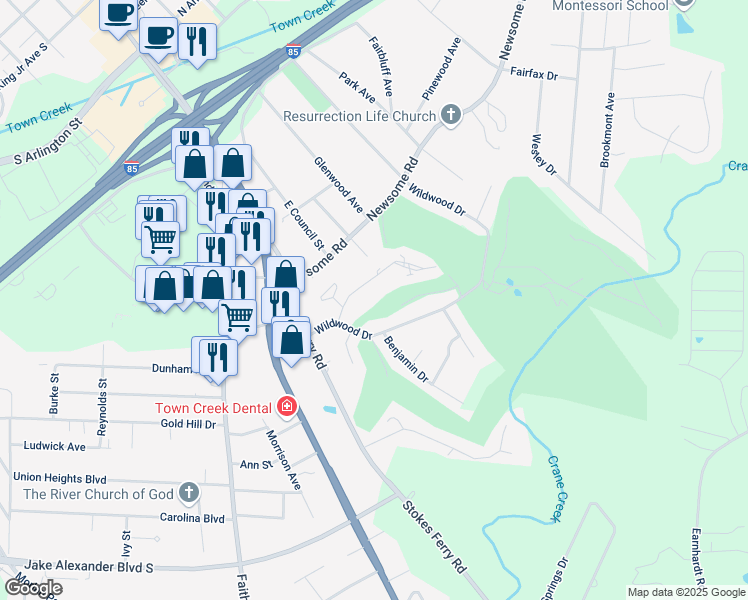 map of restaurants, bars, coffee shops, grocery stores, and more near 223 Eastwood Drive in Salisbury