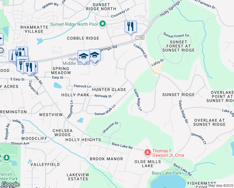 map of restaurants, bars, coffee shops, grocery stores, and more near 244 Norwalk Street in Holly Springs