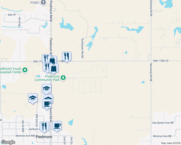 map of restaurants, bars, coffee shops, grocery stores, and more near 1507 Hickory Trail in Piedmont