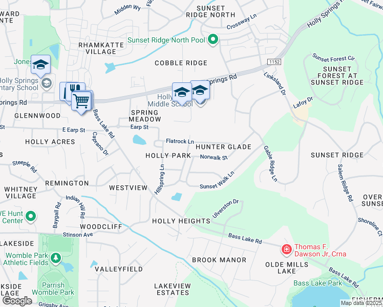 map of restaurants, bars, coffee shops, grocery stores, and more near 300 Holly Park Drive in Holly Springs