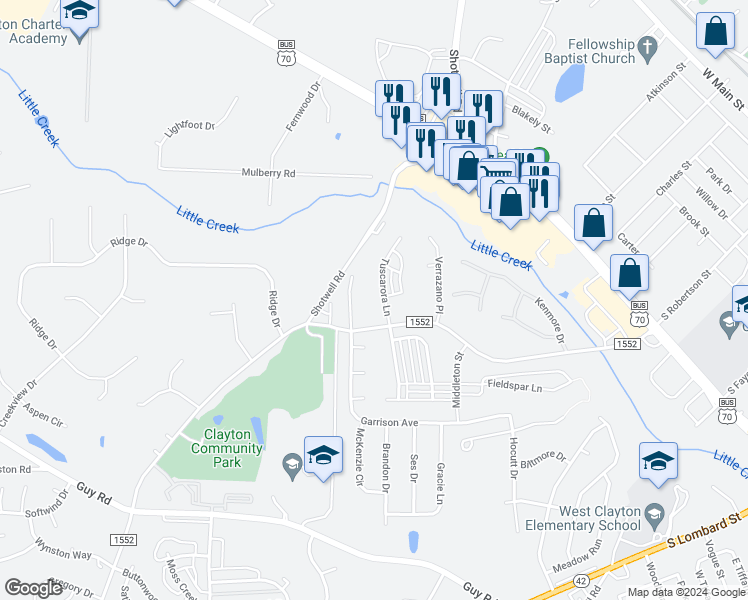 map of restaurants, bars, coffee shops, grocery stores, and more near 85 Tuscarora Lane in Clayton