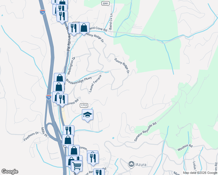 map of restaurants, bars, coffee shops, grocery stores, and more near 116 Sunny Ridge Drive in Asheville