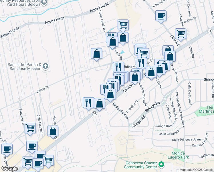 map of restaurants, bars, coffee shops, grocery stores, and more near 952 Richards Avenue in Santa Fe