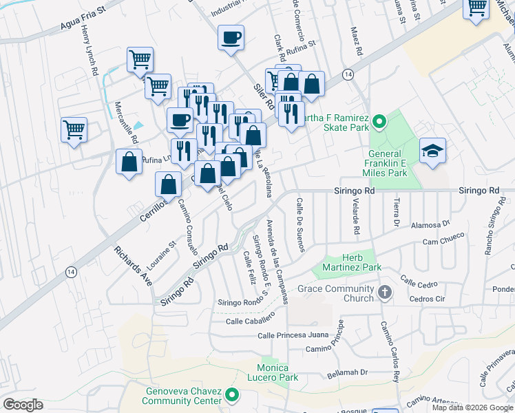 map of restaurants, bars, coffee shops, grocery stores, and more near 1108 Calle La Resolana in Santa Fe