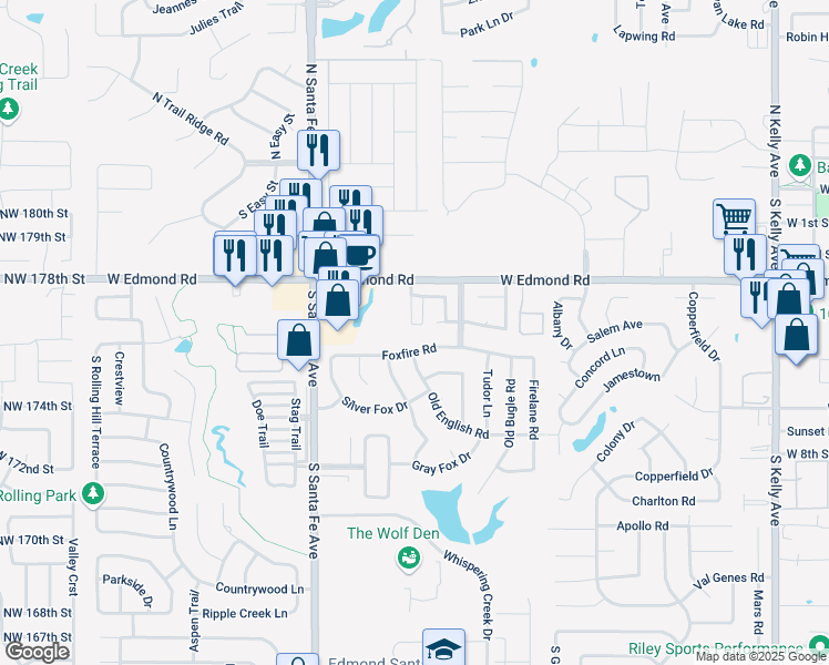 map of restaurants, bars, coffee shops, grocery stores, and more near 408 Abilene Avenue in Edmond