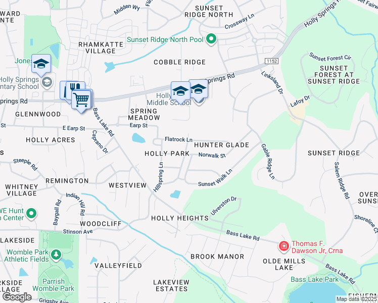 map of restaurants, bars, coffee shops, grocery stores, and more near 300 Holly Park Drive in Holly Springs