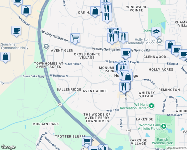 map of restaurants, bars, coffee shops, grocery stores, and more near 113 Dutch Hill Road in Holly Springs