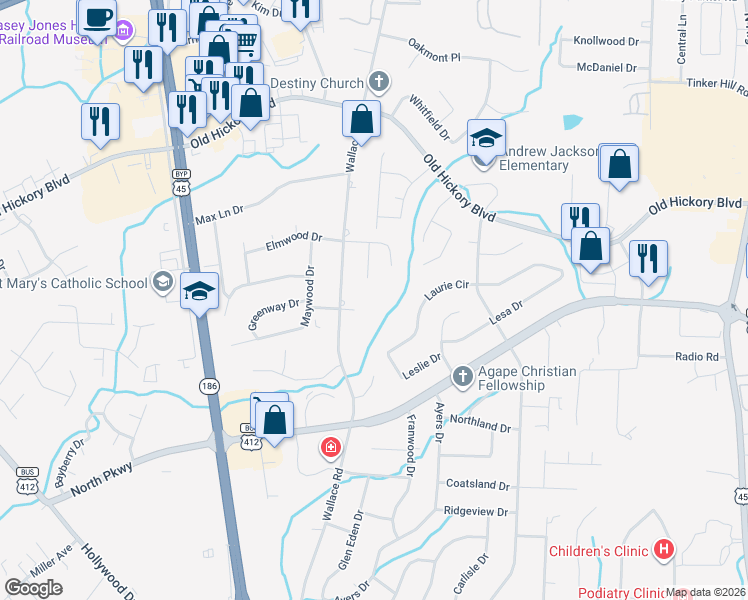 map of restaurants, bars, coffee shops, grocery stores, and more near 115 Greenvalley Drive in Jackson