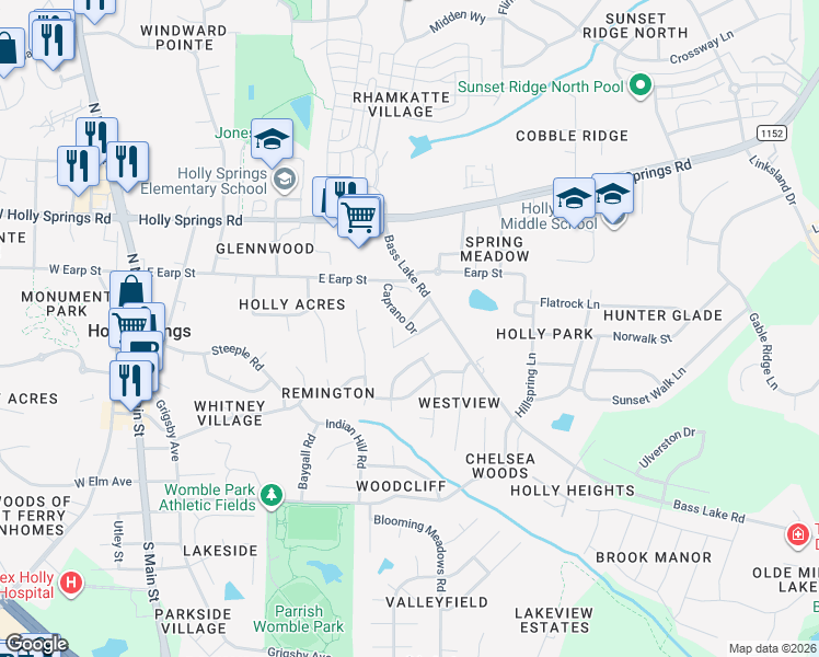 map of restaurants, bars, coffee shops, grocery stores, and more near 200 Guerin Road in Holly Springs