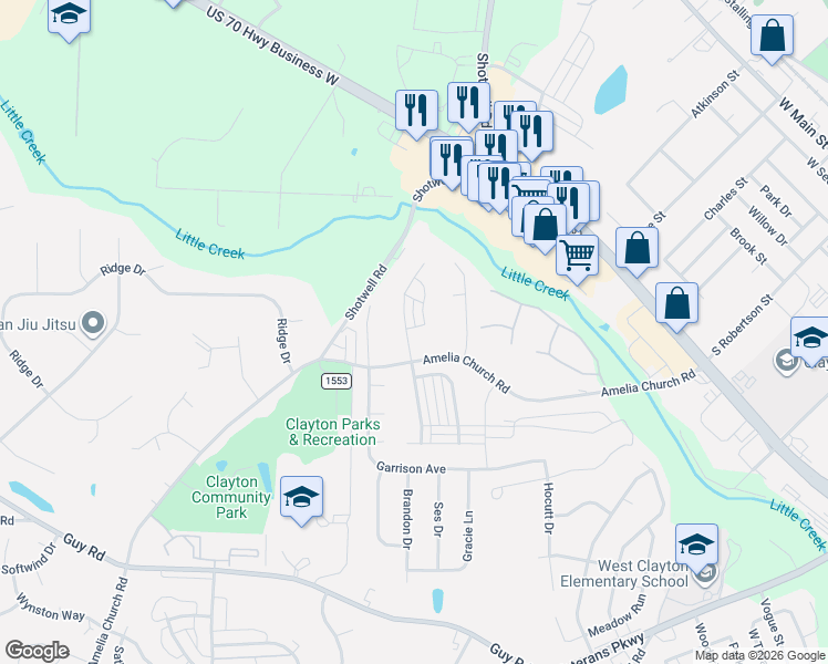 map of restaurants, bars, coffee shops, grocery stores, and more near 137 Tuscarora Lane in Clayton