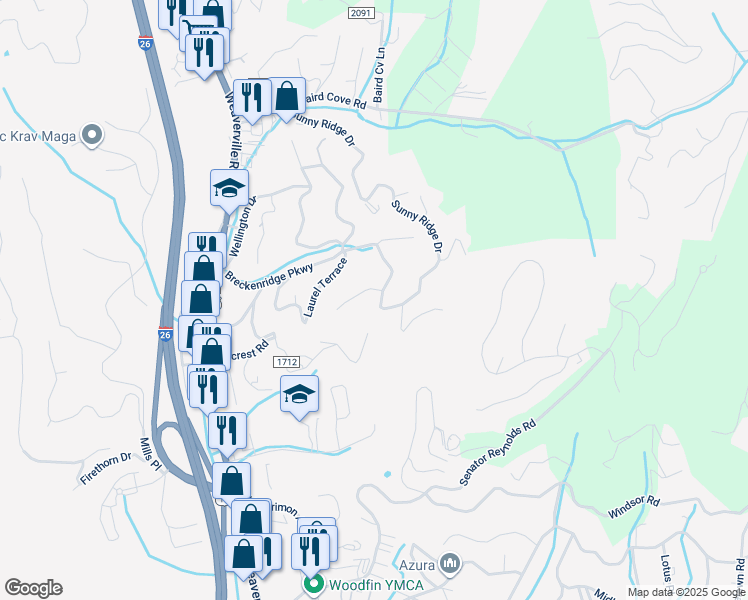 map of restaurants, bars, coffee shops, grocery stores, and more near 114 Sunny Ridge Drive in Asheville