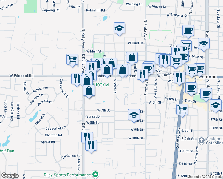 map of restaurants, bars, coffee shops, grocery stores, and more near 415 South State Street in Edmond